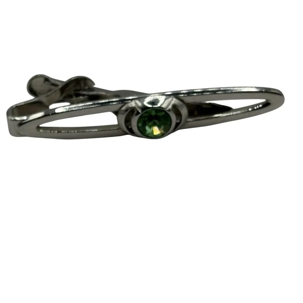 Swank Tie‎ Clip Bar Green Rhinestone Silver Tone Vintage Open Work Design Retro